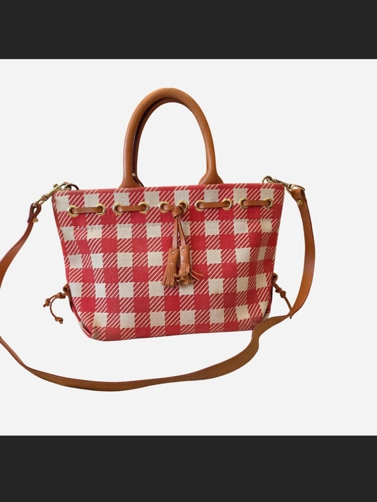 Dooney & Bourke Handbags - Dooney & Bourke Red and Cream Check Tote with Tan Leather Trim